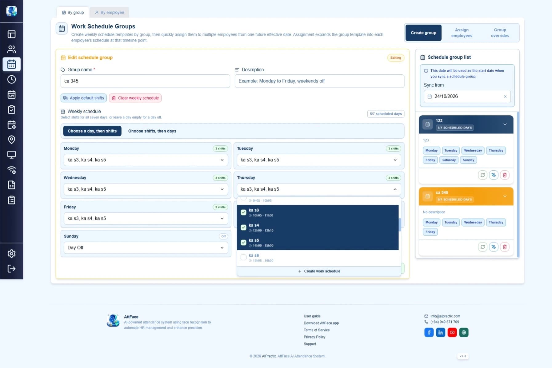 Attface Attendance interface for creating a weekly schedule group