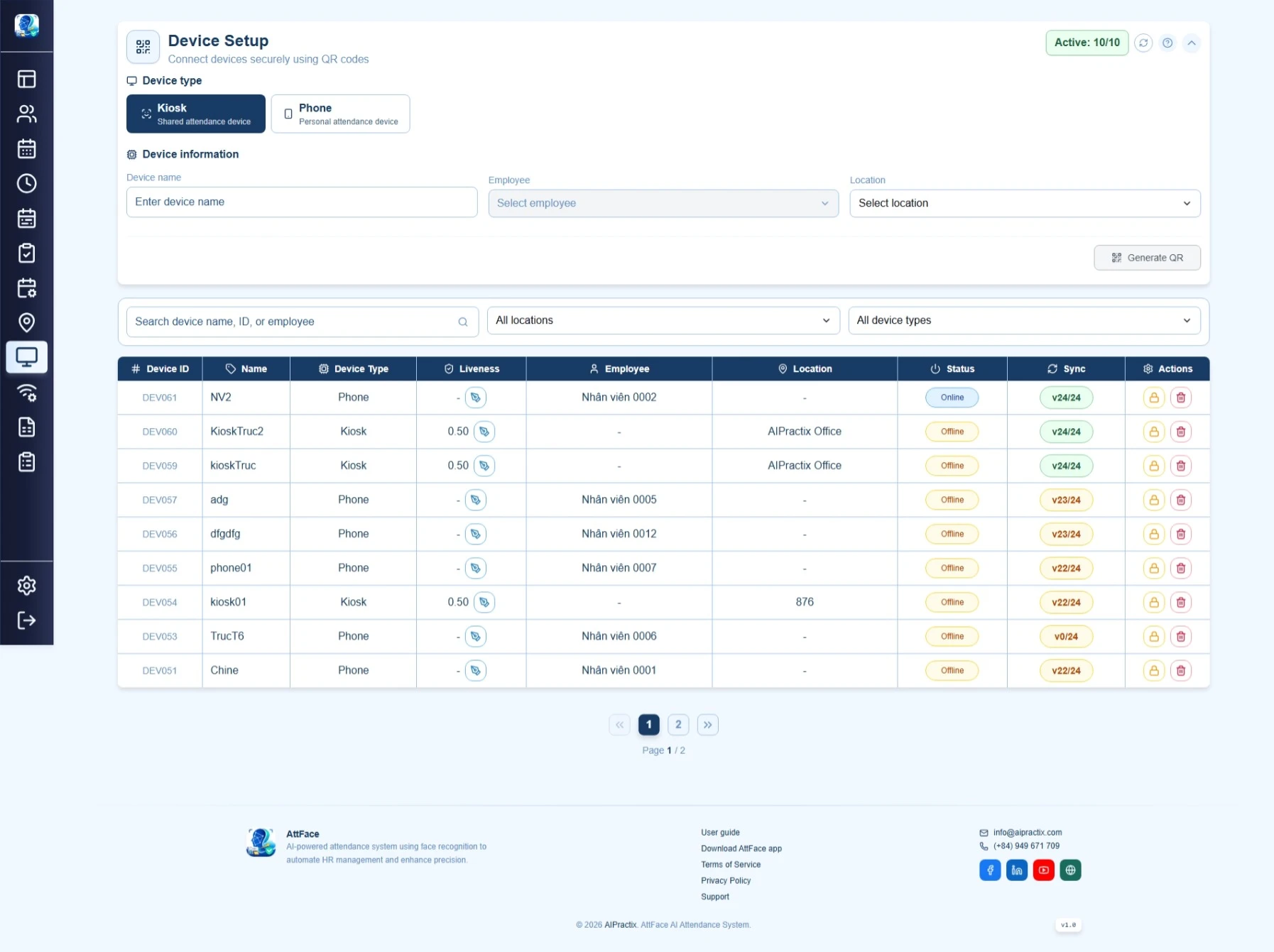 Attface Attendance device management screen