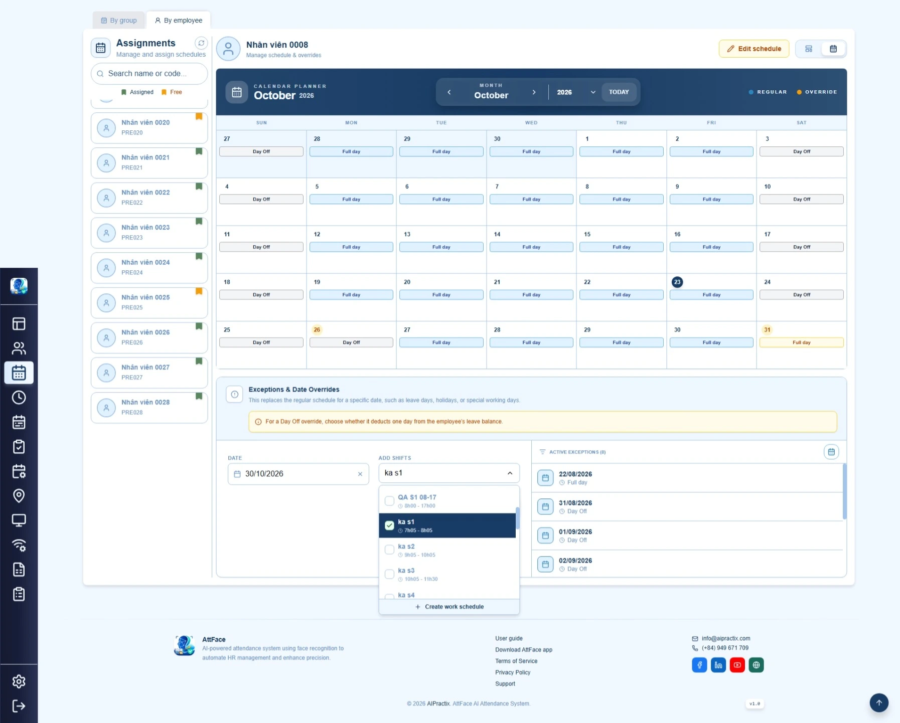 Attface Attendance screen for a date-specific employee schedule exception
